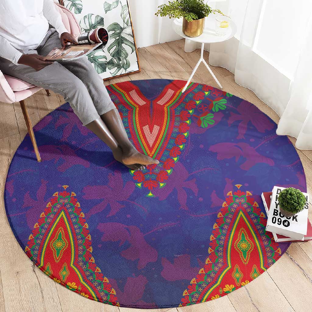 Haiti Round Carpet Choeblack Dashiki Style Blue Color