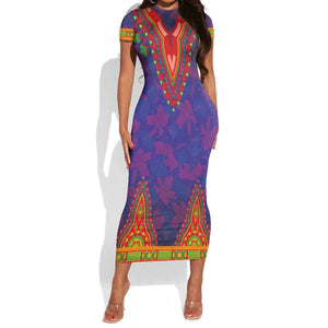 Haiti Short Sleeve Bodycon Dress Choeblack Dashiki Style Blue Color LT03