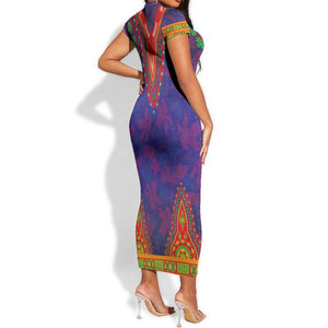 Haiti Short Sleeve Bodycon Dress Choeblack Dashiki Style Blue Color LT03