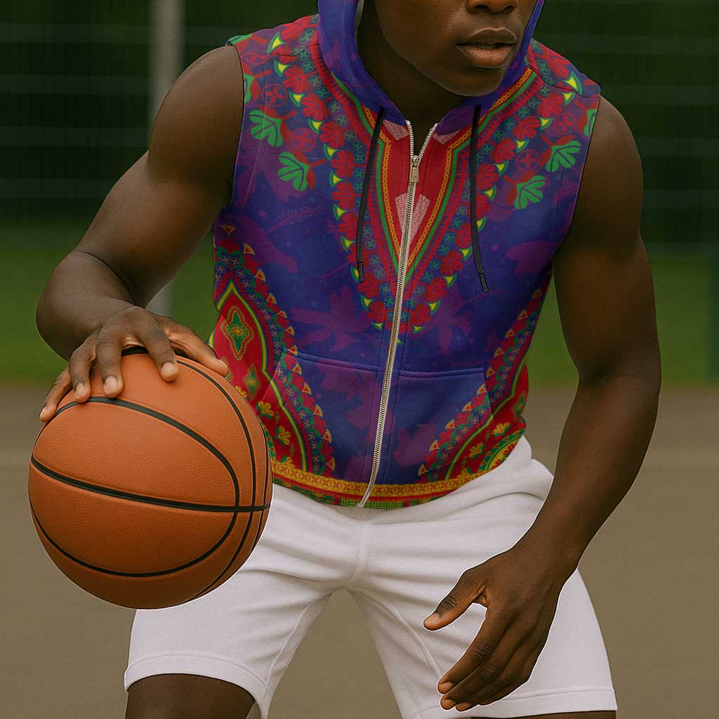 Haiti Sleeveless Zip Hoodie Choeblack Dashiki Style Blue Color - African Pride