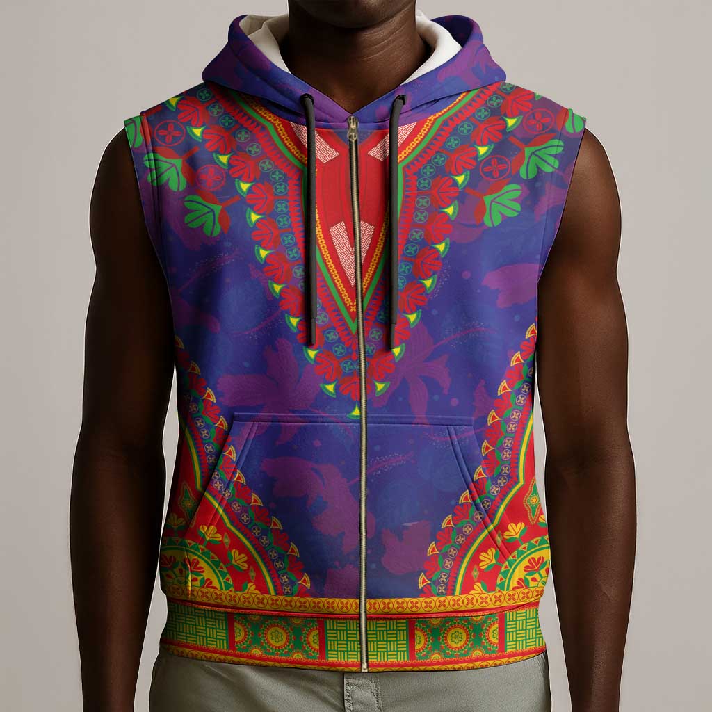 Haiti Sleeveless Zip Hoodie Choeblack Dashiki Style Blue Color - African Pride