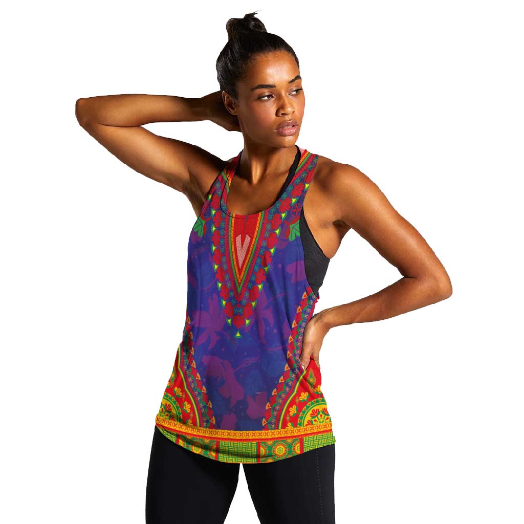 Haiti Women Racerback Tank Choeblack Dashiki Style Blue Color