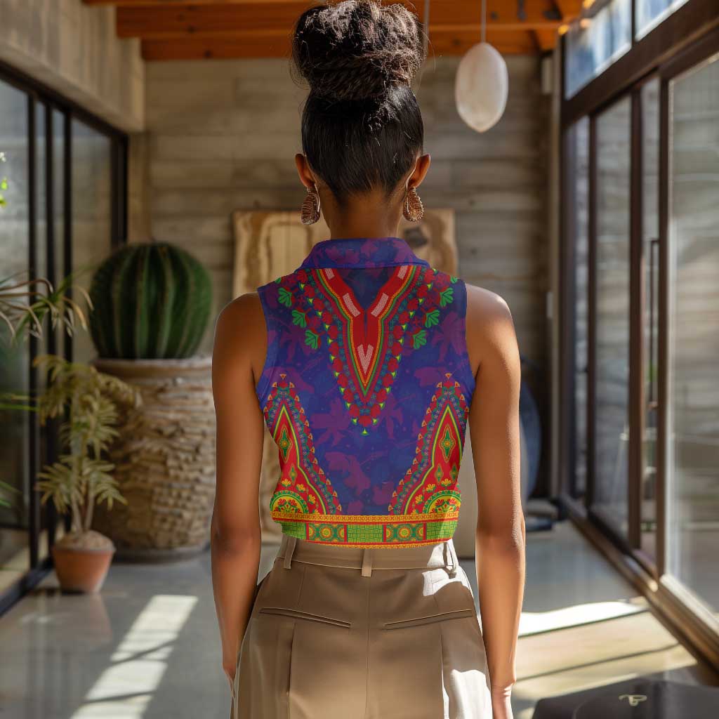 Haiti Women Sleeveless Polo Shirt Choeblack Dashiki Style Blue Color