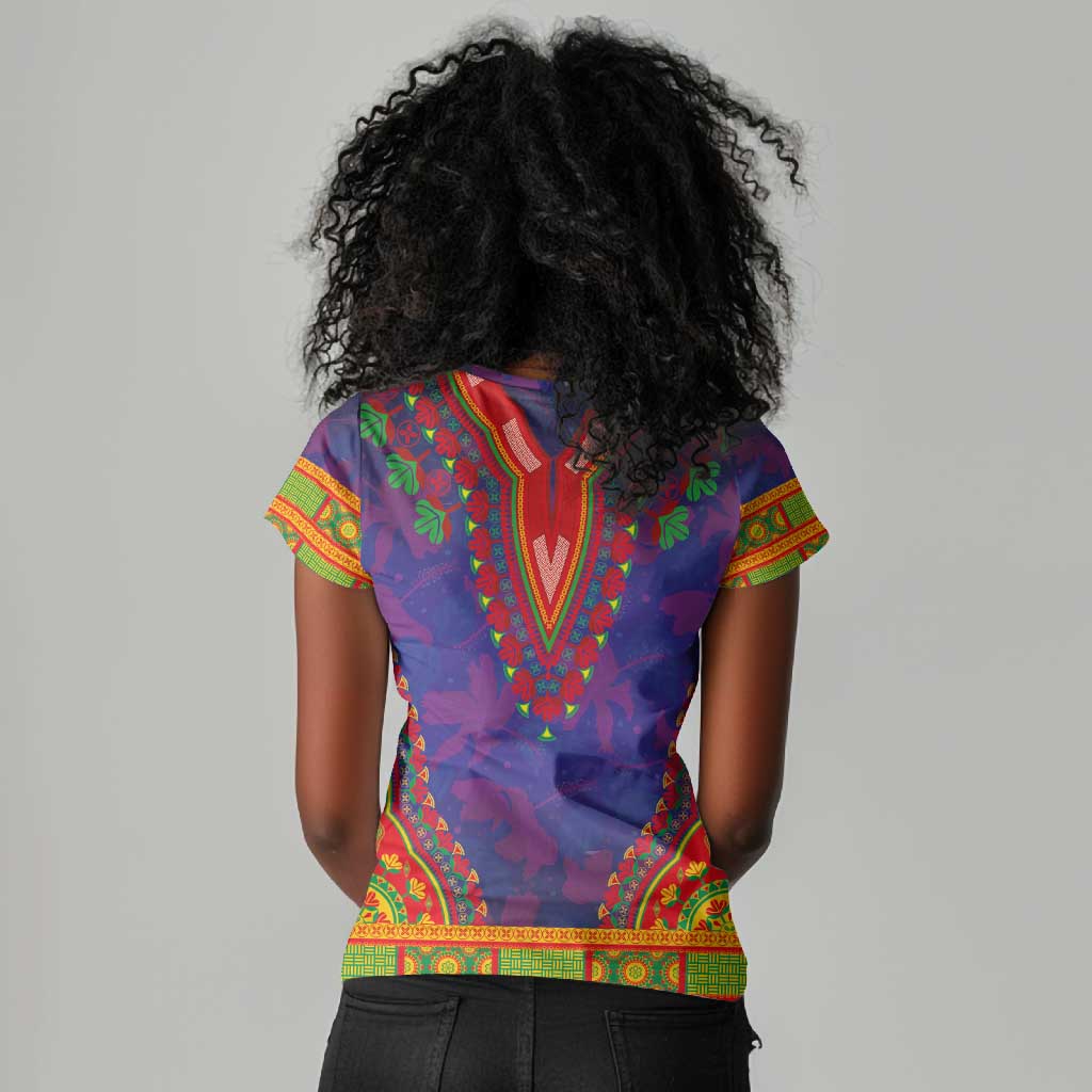 Haiti Women V-Neck T-Shirt Choeblack Dashiki Style Blue Color