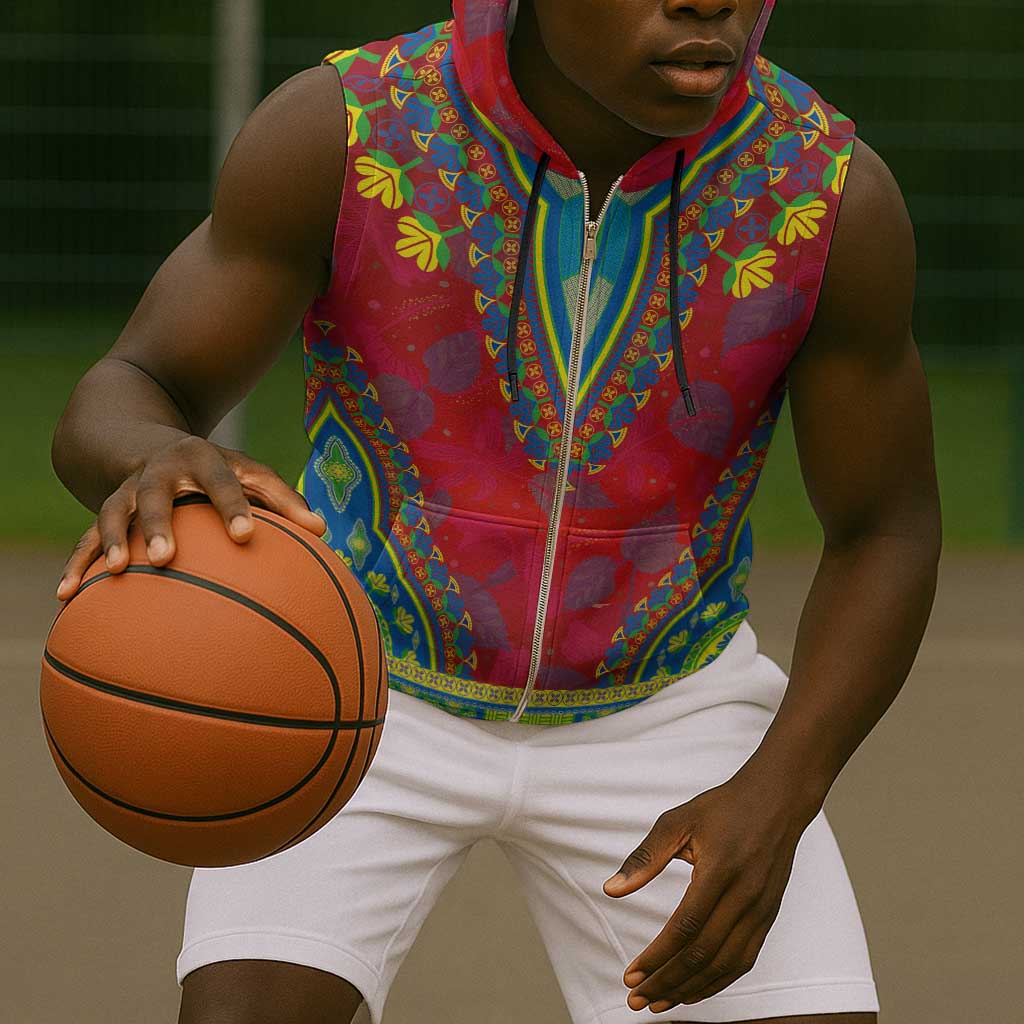 Haiti Sleeveless Zip Hoodie Choeblack Dashiki Style Red Color - African Pride