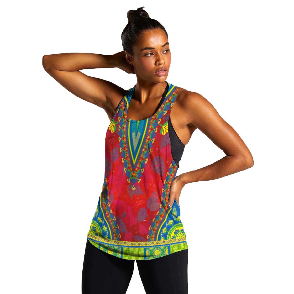Haiti Women Racerback Tank Choeblack Dashiki Style Red Color