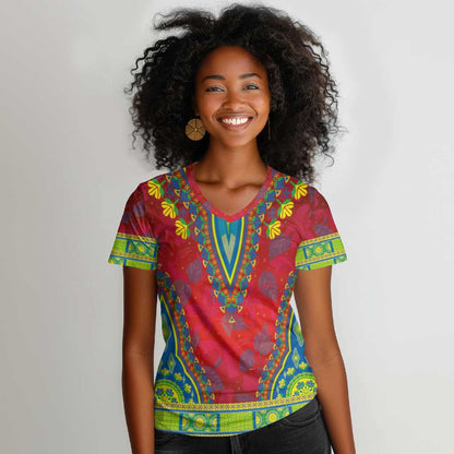 Haiti Women V-Neck T-Shirt Choeblack Dashiki Style Red Color