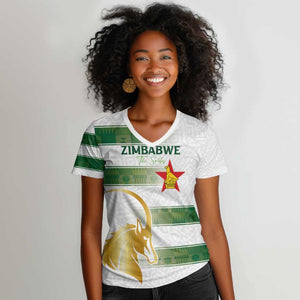 Custom Zimbabwe Rugby Champions of Africa Women V-Neck T-Shirt The Gold Sables Version - African Pride
