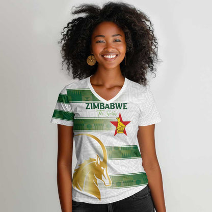 Custom Zimbabwe Rugby Champions of Africa Women V-Neck T-Shirt The Gold Sables Version - African Pride