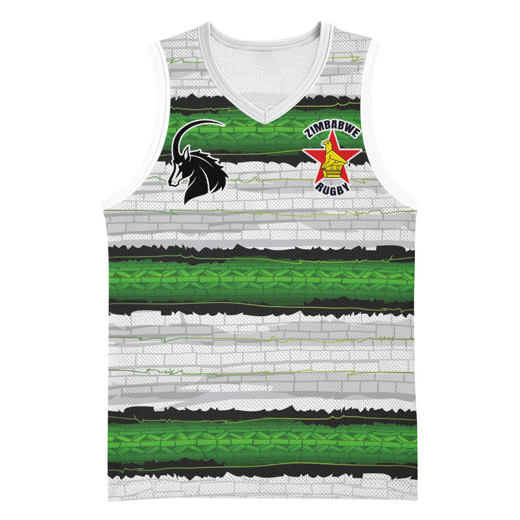 Custom Zimbabwe Rugby Basketball Jersey Geometric Chevron Wall Motif Stripes Style