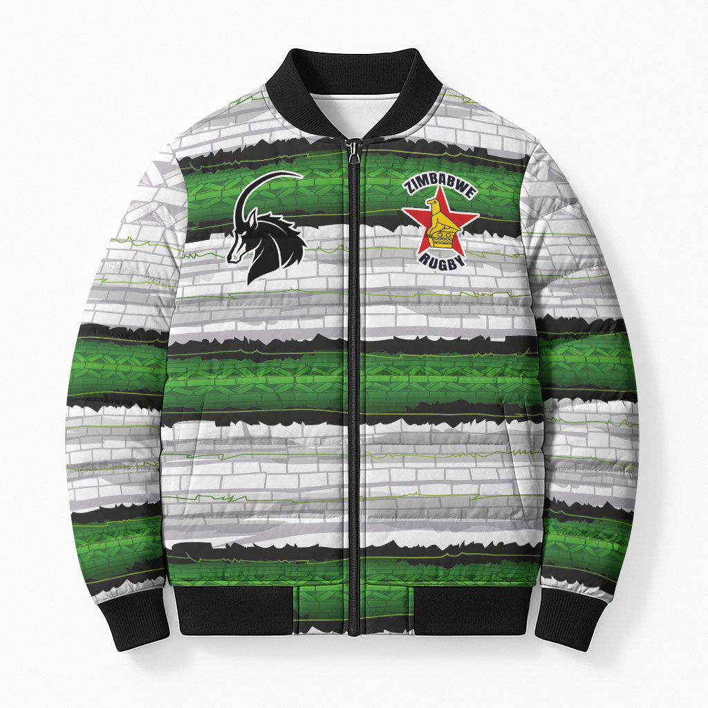 Custom Zimbabwe Rugby Bomber Puffer Jacket Geometric Chevron Wall Motif Stripes Style