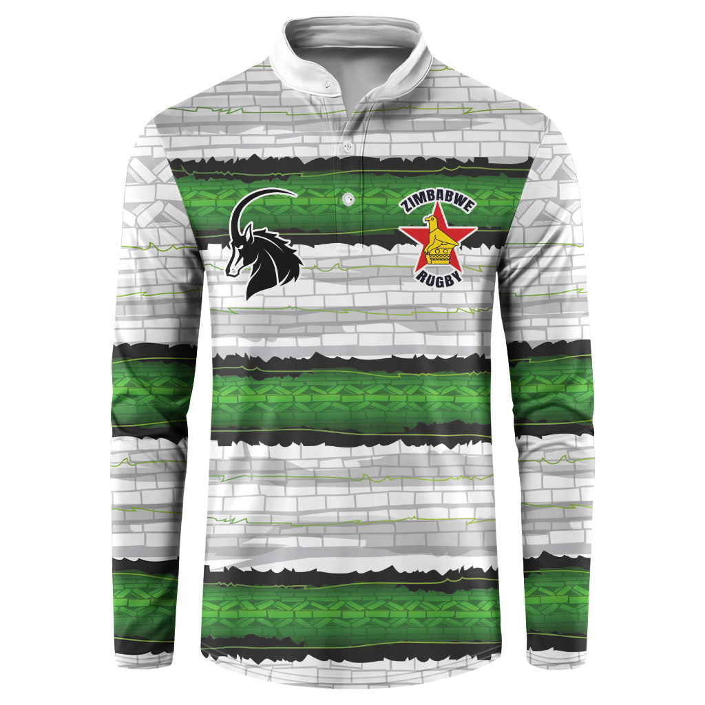 Custom Zimbabwe Rugby Button Sweatshirt Geometric Chevron Wall Motif Stripes Style