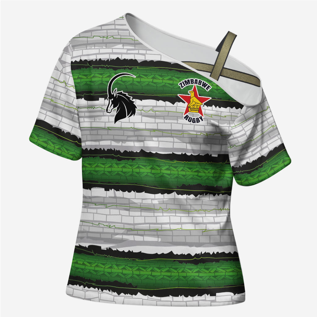 Custom Zimbabwe Rugby Cross Shoulder Shirt Geometric Chevron Wall Motif Stripes Style