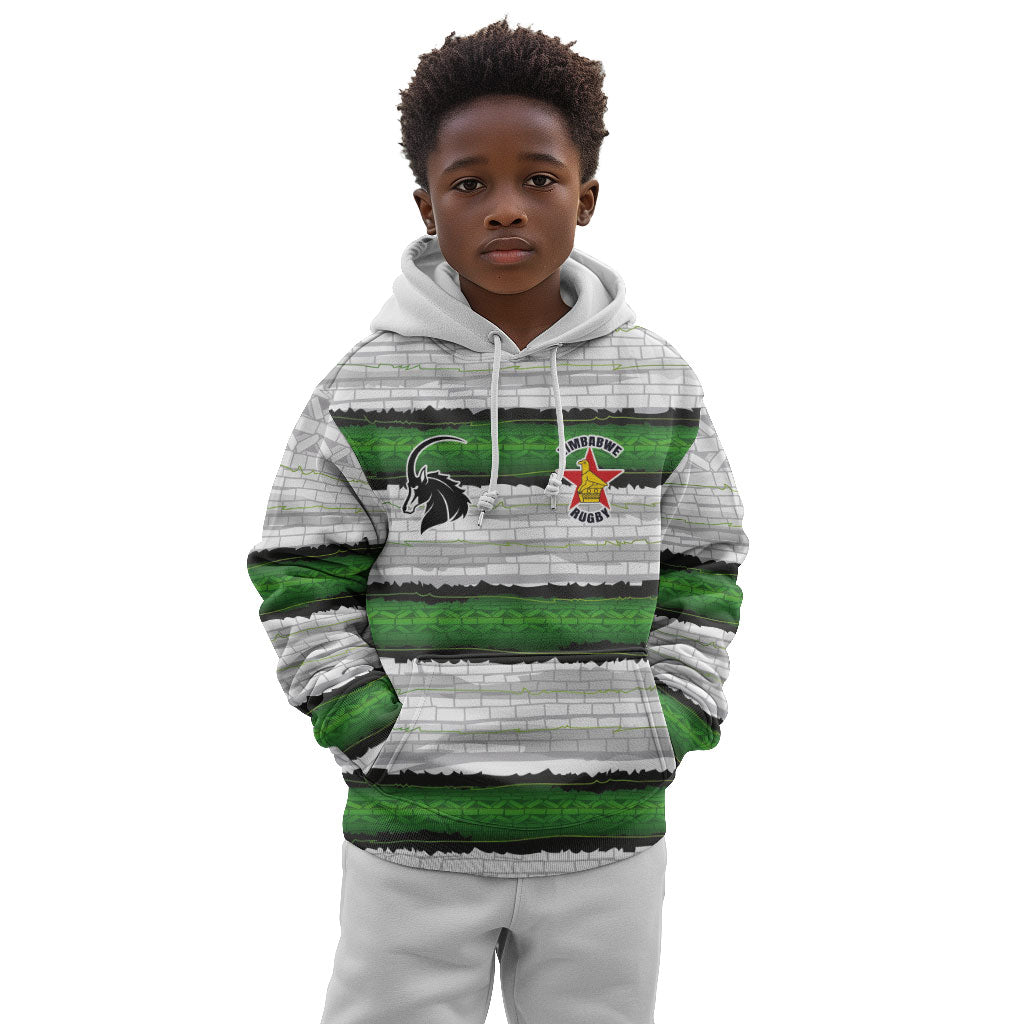 Custom Zimbabwe Rugby Kid Hoodie Geometric Chevron Wall Motif Stripes Style