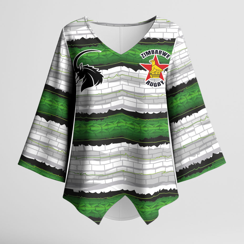 Custom Zimbabwe Rugby Kimono Sleeve Blouse Geometric Chevron Wall Motif Stripes Style