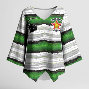 Custom Zimbabwe Rugby Kimono Sleeve Blouse Geometric Chevron Wall Motif Stripes Style