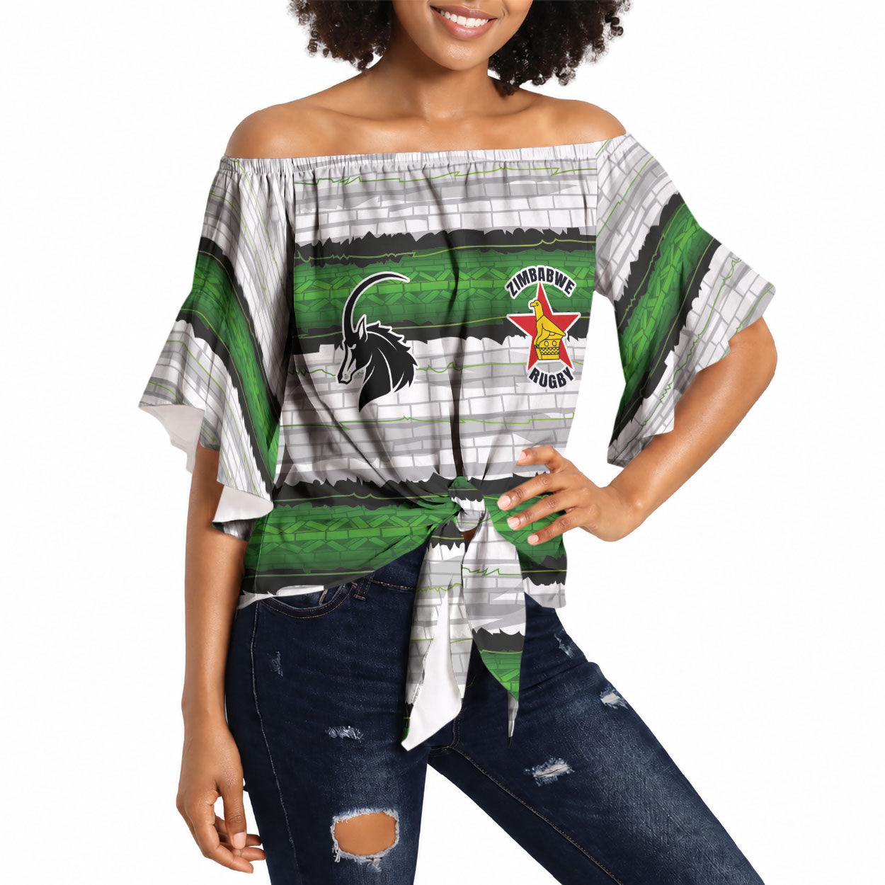 Custom Zimbabwe Rugby Off Shoulder Wrap Waist Top Geometric Chevron Wall Motif Stripes Style