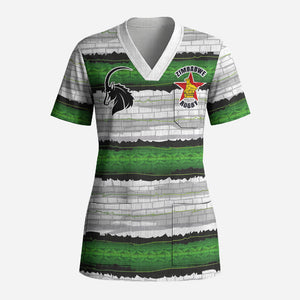 Custom Zimbabwe Rugby Scrub Top Geometric Chevron Wall Motif Stripes Style