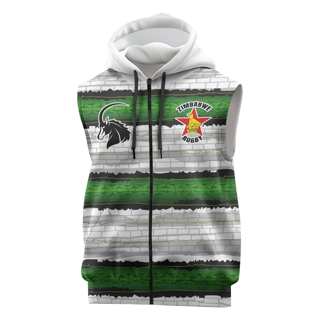 Custom Zimbabwe Rugby Sleeveless Zip Hoodie Geometric Chevron Wall Motif Stripes Style