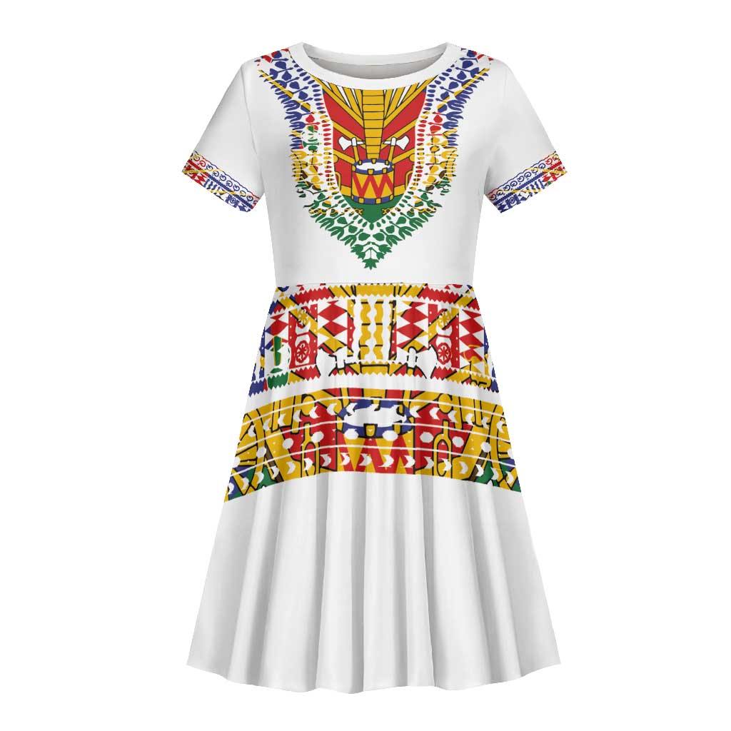 Haiti Flag Kid Short Sleeve Dress Traditional Dashiki White Color