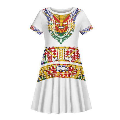 Haiti Flag Kid Short Sleeve Dress Traditional Dashiki White Color