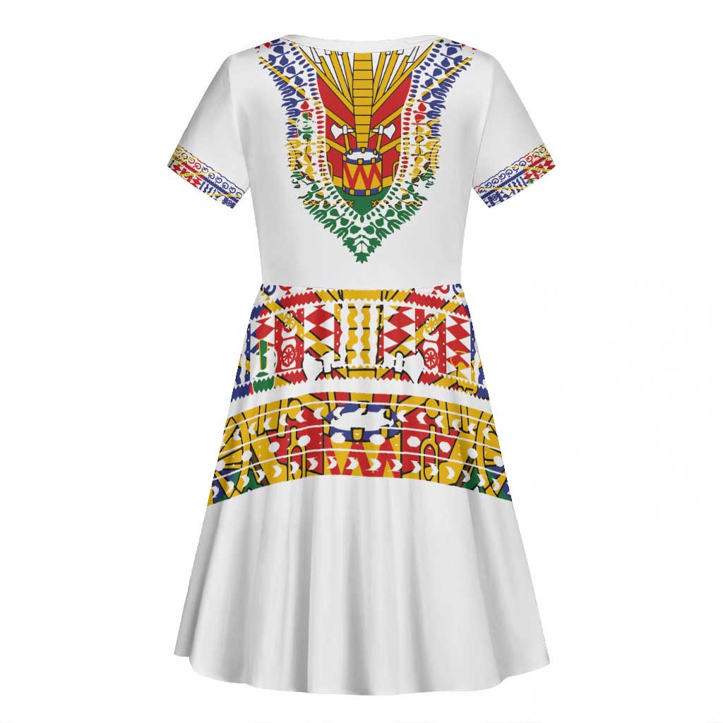 Haiti Flag Kid Short Sleeve Dress Traditional Dashiki White Color