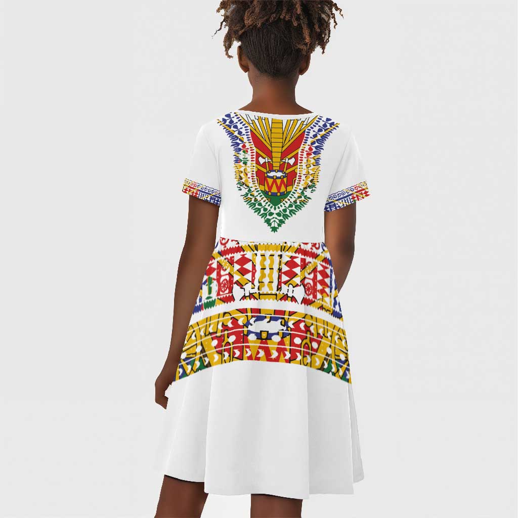 Haiti Flag Kid Short Sleeve Dress Traditional Dashiki White Color