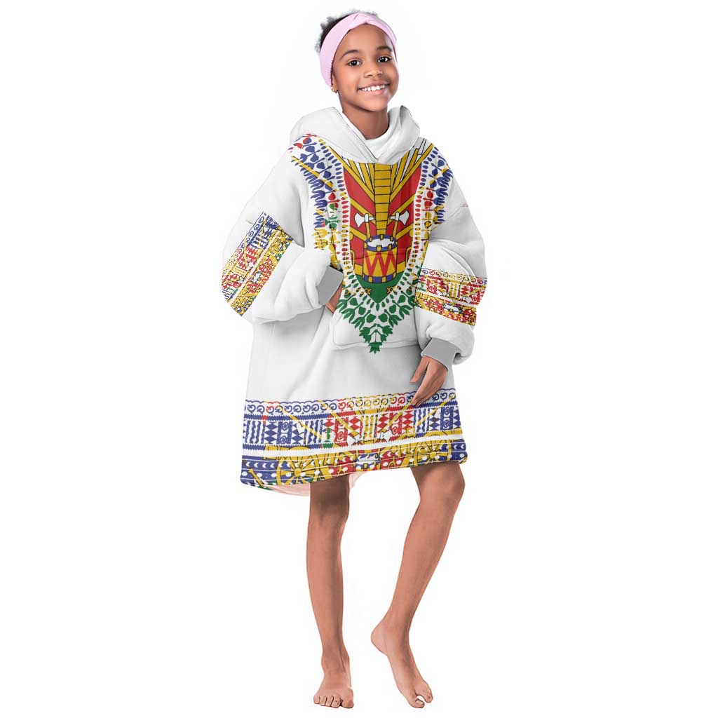 Haiti Flag Kid Wearable Blanket Hoodie Traditional Dashiki White Color