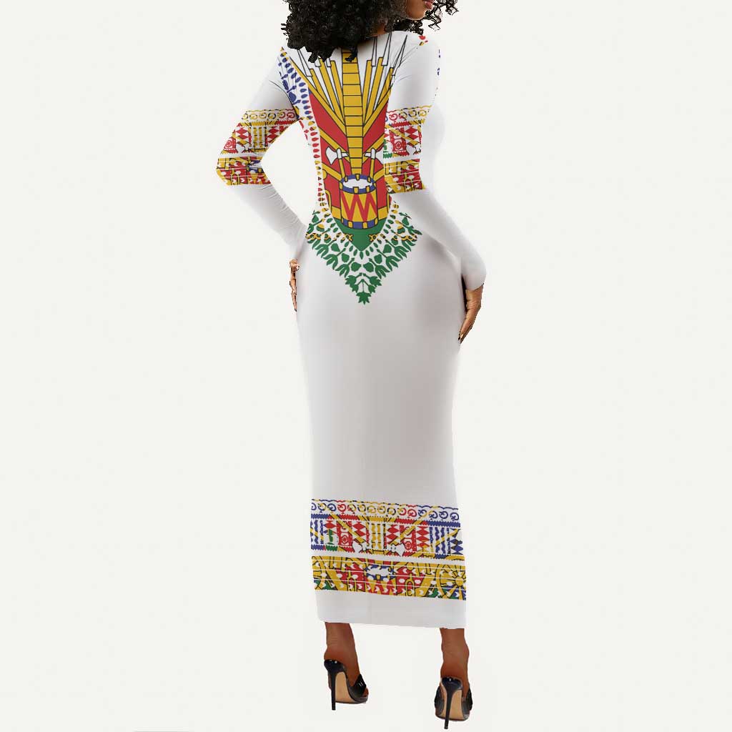 Haiti Flag Long Sleeve Bodycon Dress Traditional Dashiki White Color LT03