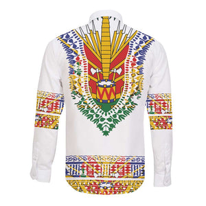 Haiti Flag Long Sleeve Button Shirt Traditional Dashiki White Color