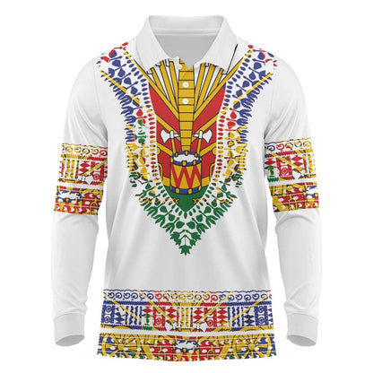 Haiti Flag Long Sleeve Polo Shirt Traditional Dashiki White Color