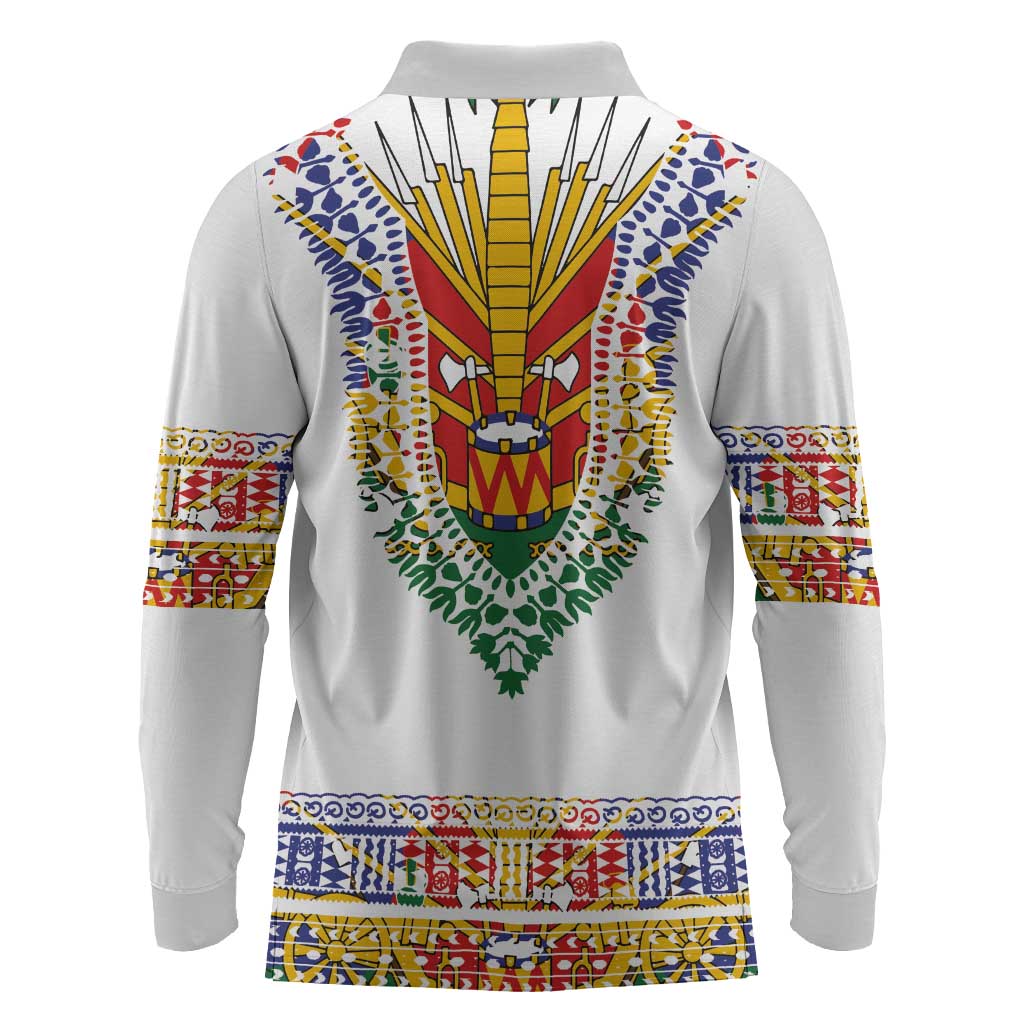 Haiti Flag Long Sleeve Polo Shirt Traditional Dashiki White Color