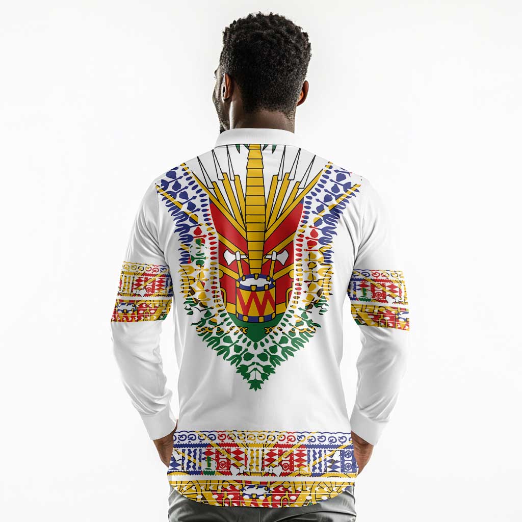 Haiti Flag Long Sleeve Polo Shirt Traditional Dashiki White Color