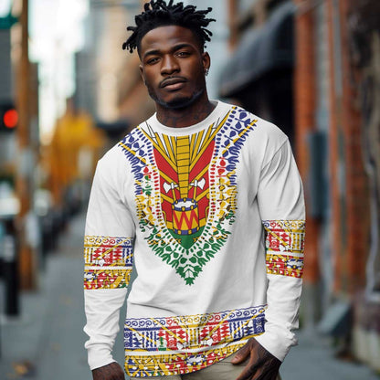 Haiti Flag Long Sleeve Shirt Traditional Dashiki White Color