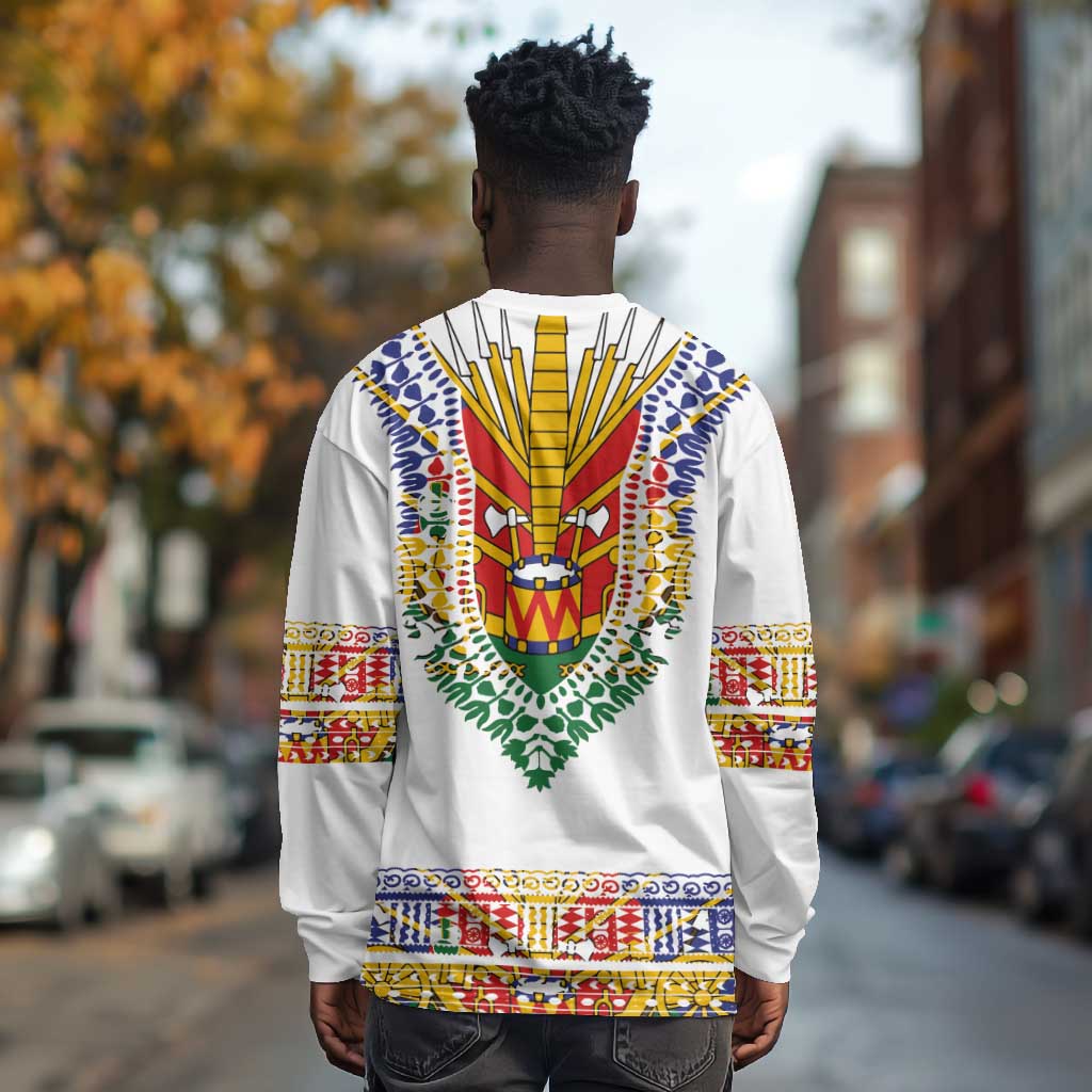 Haiti Flag Long Sleeve Shirt Traditional Dashiki White Color