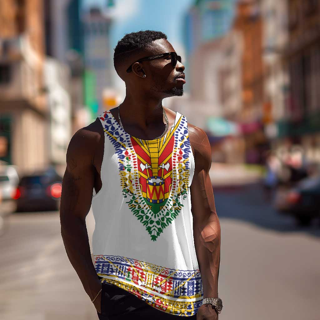 Haiti Flag Men Tank Top Traditional Dashiki White Color