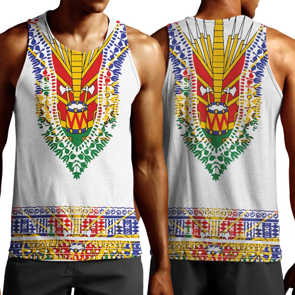 Haiti Flag Men Tank Top Traditional Dashiki White Color