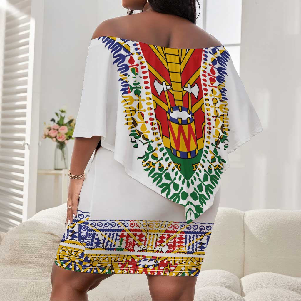 Haiti Flag Off Shoulder Short Dress Traditional Dashiki White Color