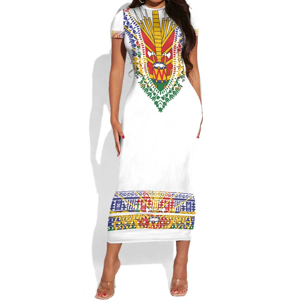 Haiti Flag Short Sleeve Bodycon Dress Traditional Dashiki White Color LT03