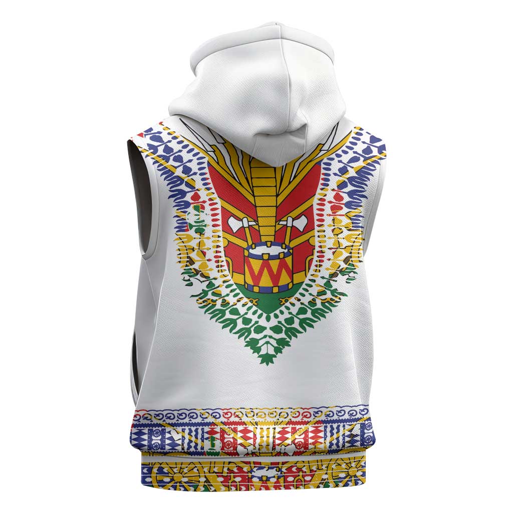 Haiti Flag Sleeveless Hoodie Traditional Dashiki White Color - African Pride