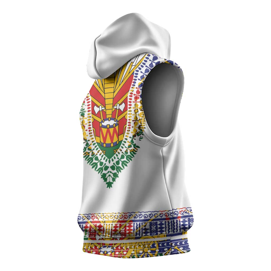 Haiti Flag Sleeveless Hoodie Traditional Dashiki White Color - African Pride