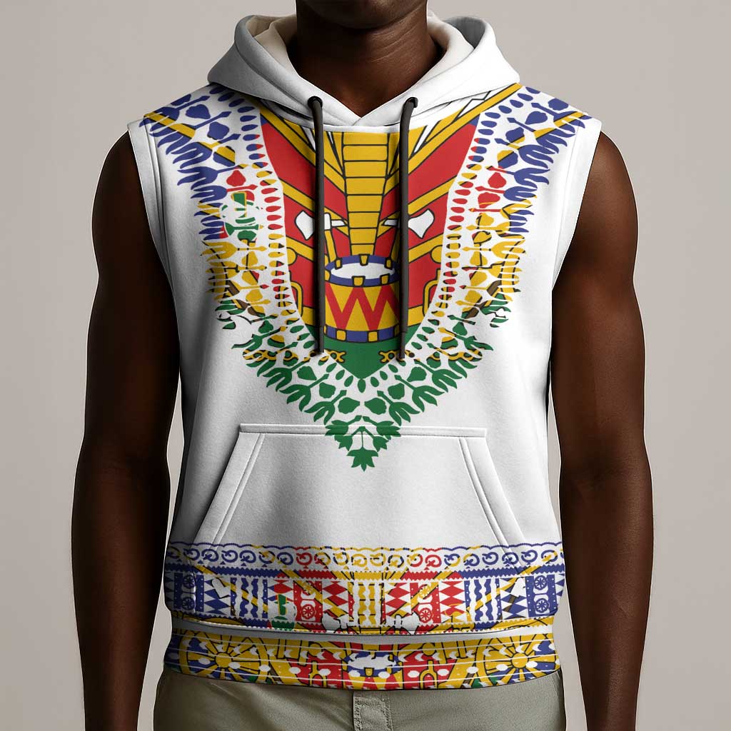 Haiti Flag Sleeveless Hoodie Traditional Dashiki White Color - African Pride