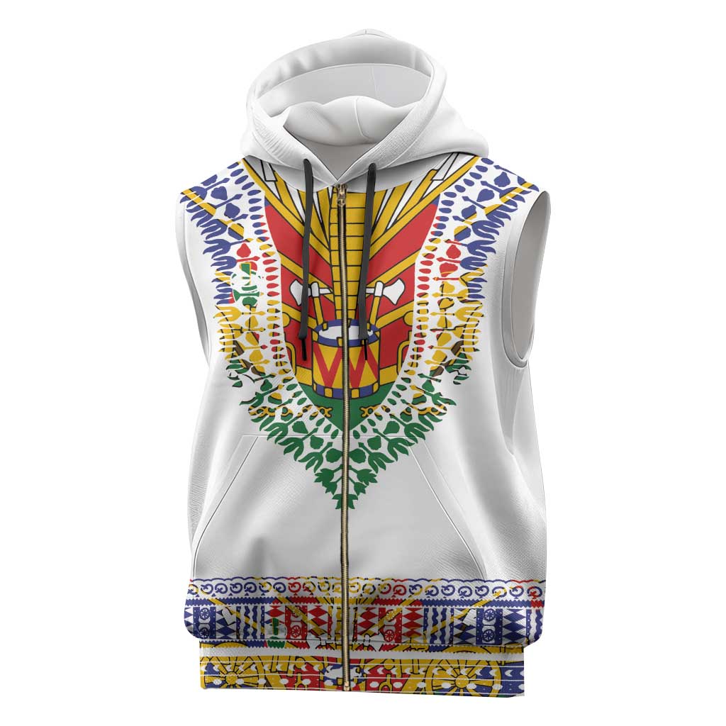 Haiti Flag Sleeveless Zip Hoodie Traditional Dashiki White Color - African Pride