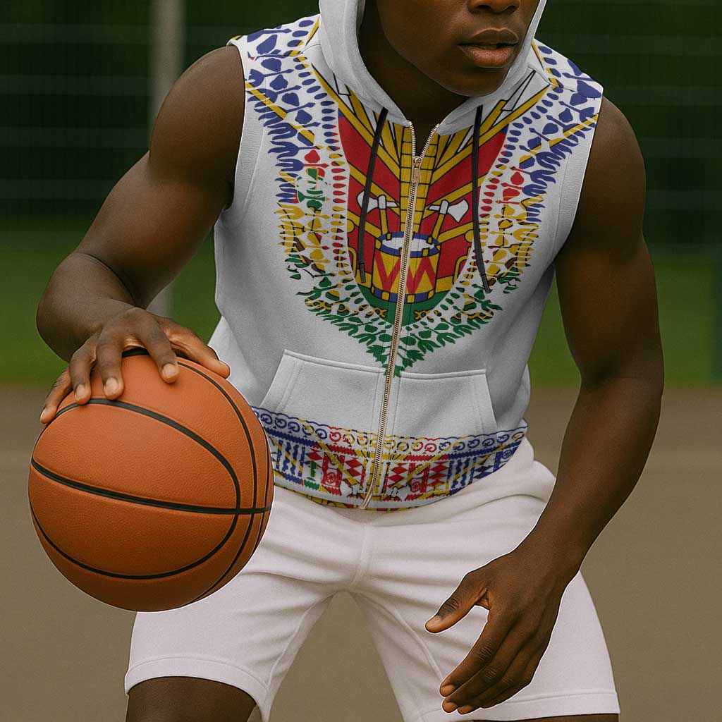 Haiti Flag Sleeveless Zip Hoodie Traditional Dashiki White Color - African Pride