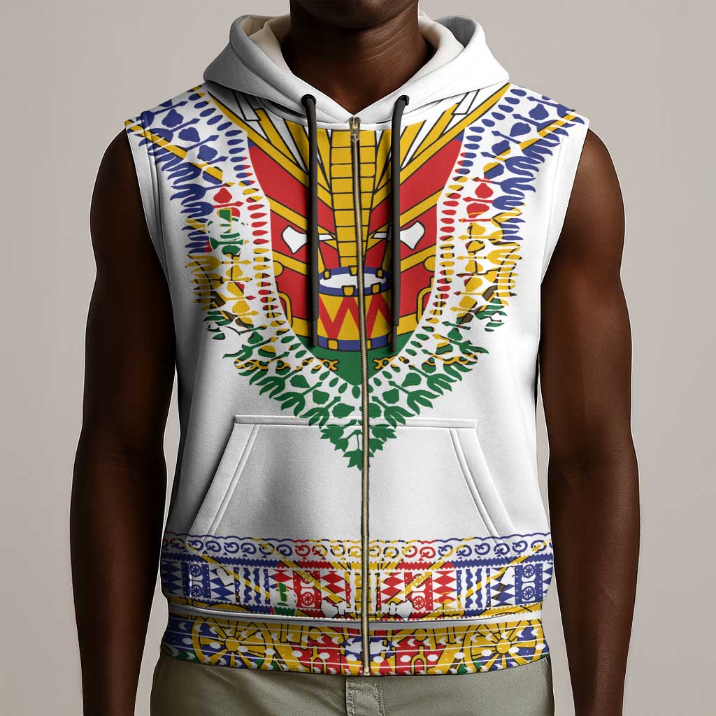 Haiti Flag Sleeveless Zip Hoodie Traditional Dashiki White Color - African Pride