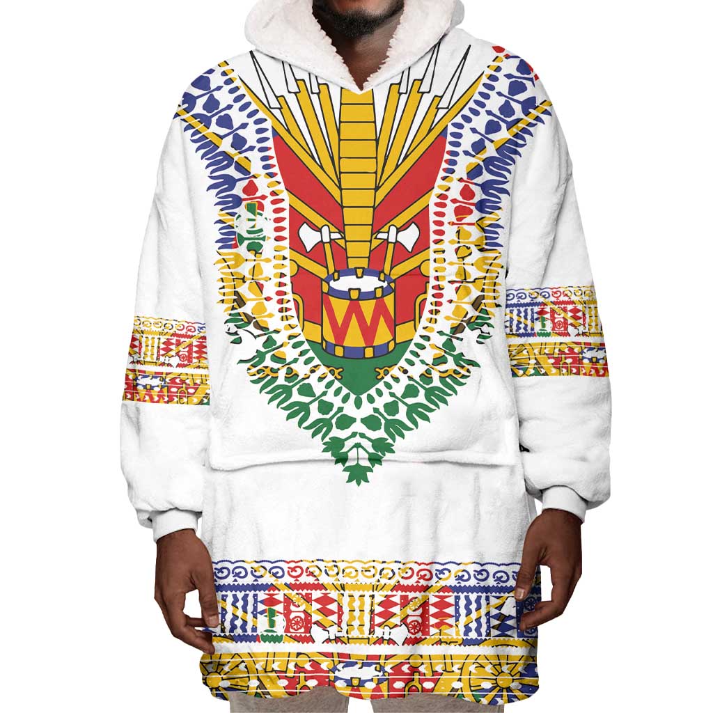 Haiti Flag Wearable Blanket Hoodie Traditional Dashiki White Color