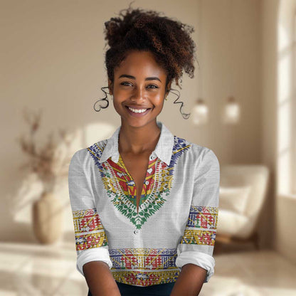 Haiti Flag Women Casual Shirt Traditional Dashiki White Color