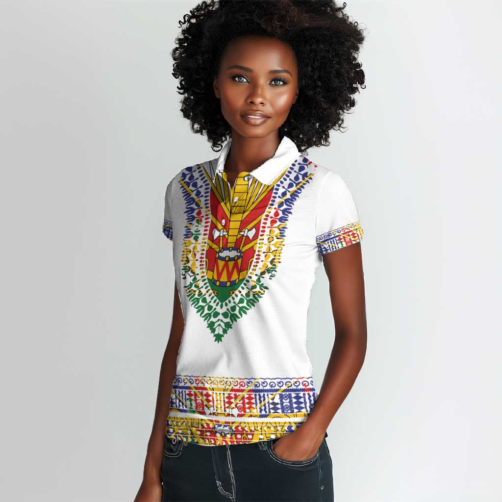 Haiti Flag Women Polo Shirt Traditional Dashiki White Color