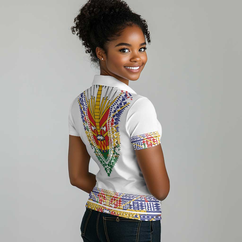 Haiti Flag Women Polo Shirt Traditional Dashiki White Color