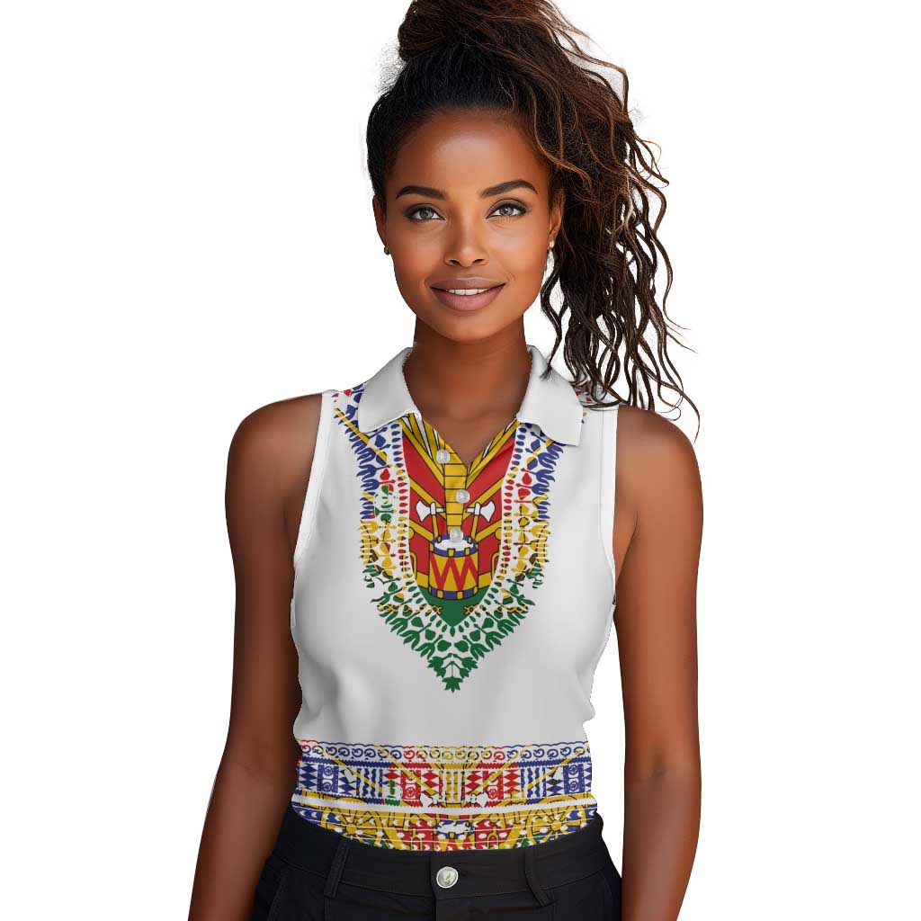 Haiti Flag Women Sleeveless Polo Shirt Traditional Dashiki White Color